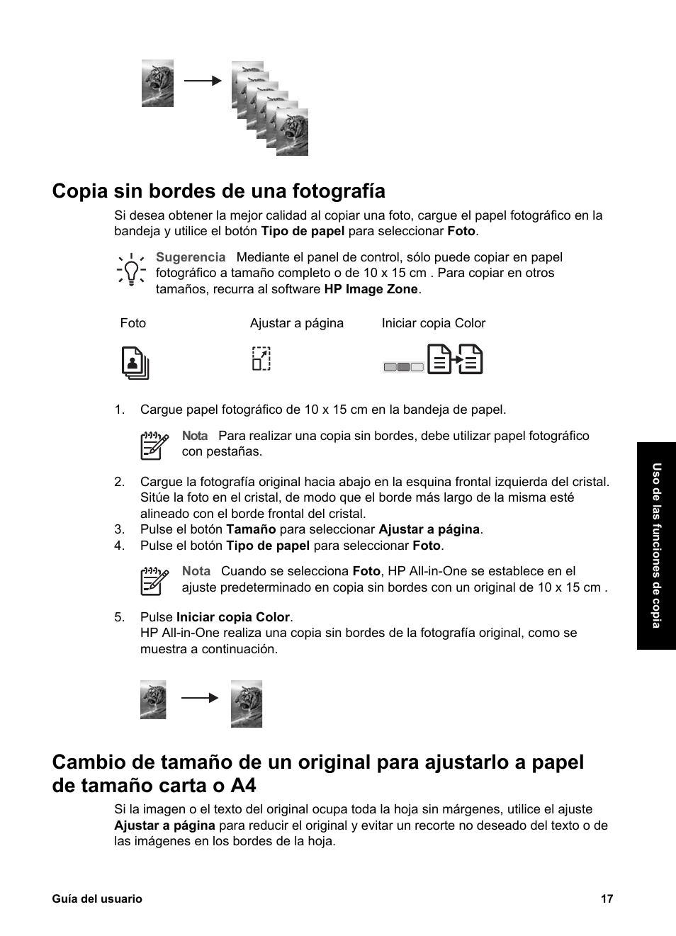 Copia sin bordes de una fotografía | HP Equipo multifunción HP PSC 1417 Impresora Escáner Copiadora User Manual | Page 21 / 68