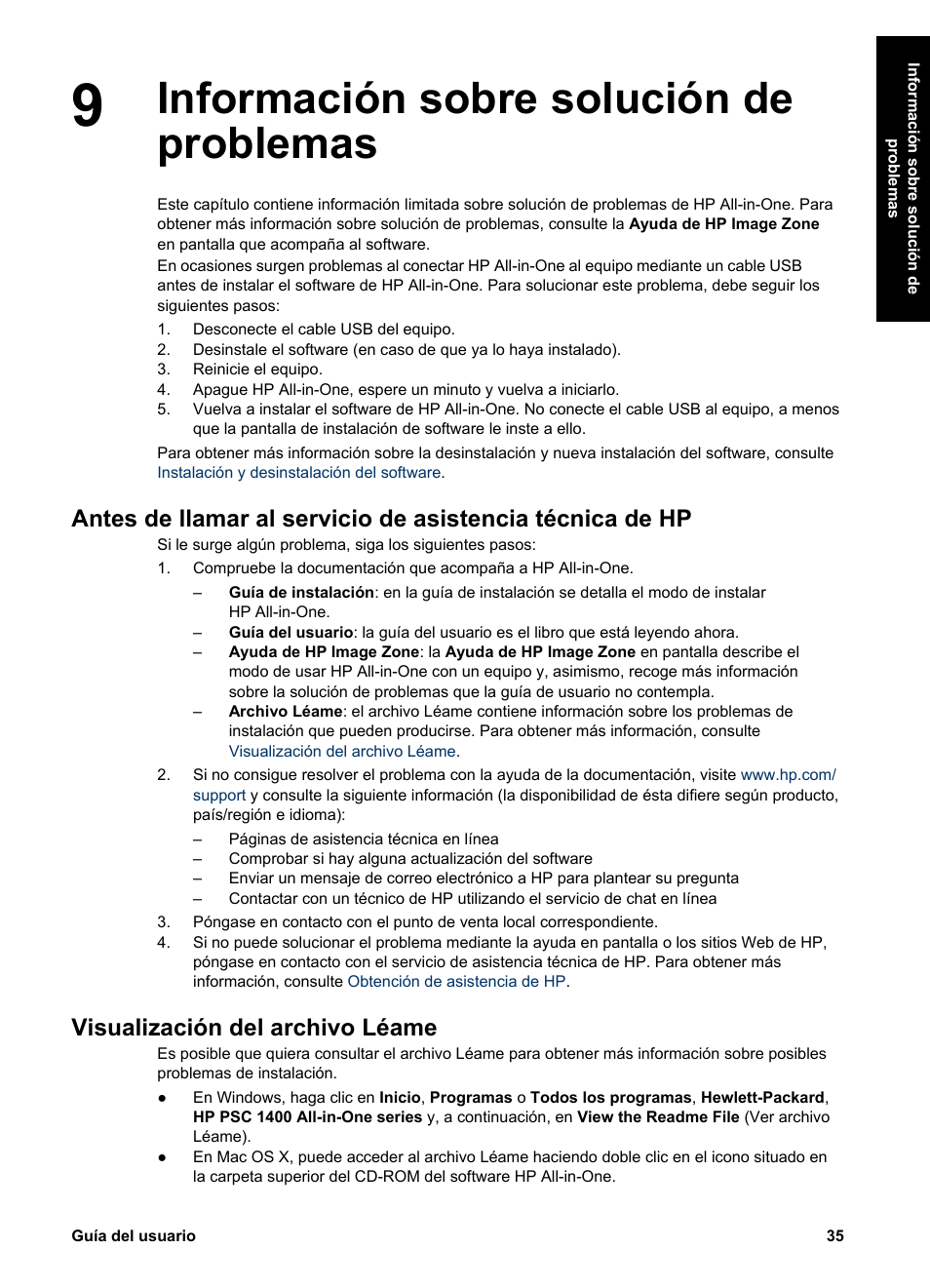 Información sobre solución de problemas, Visualización del archivo léame | HP Equipo multifunción HP PSC 1417 Impresora Escáner Copiadora User Manual | Page 39 / 68