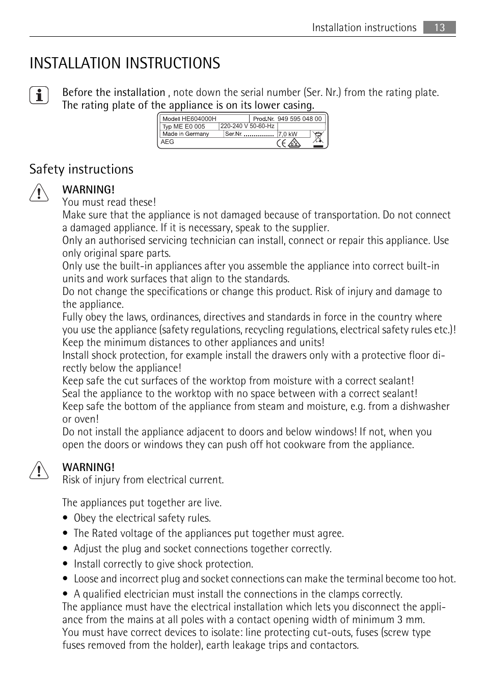 Installation instructions, Safety instructions | AEG HE604000H User Manual | Page 13 / 44