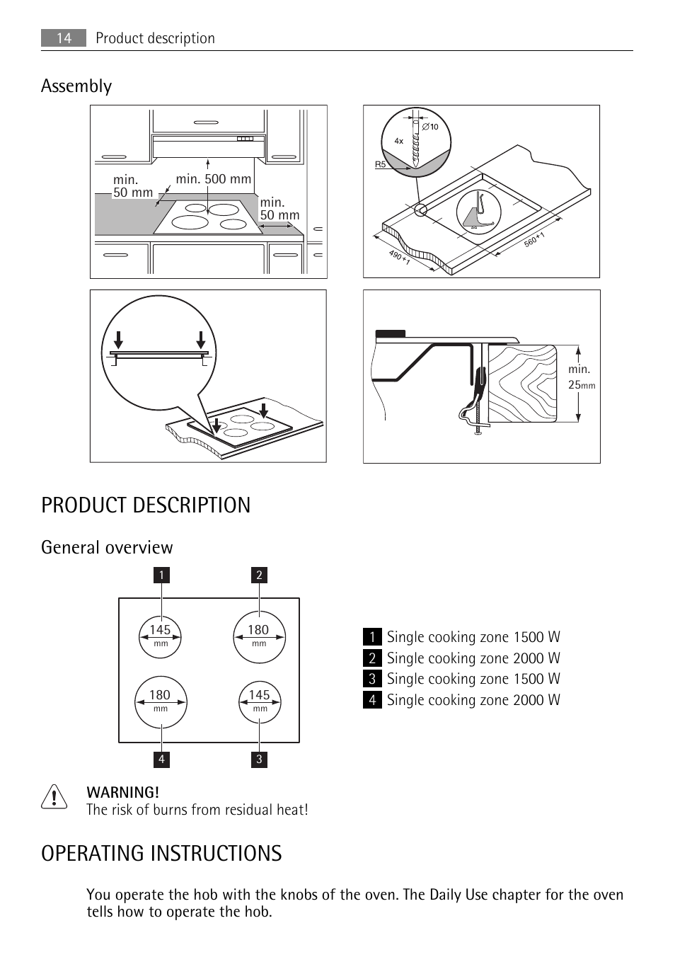 Product description, Operating instructions, Assembly | General overview | AEG HE604000H User Manual | Page 14 / 44