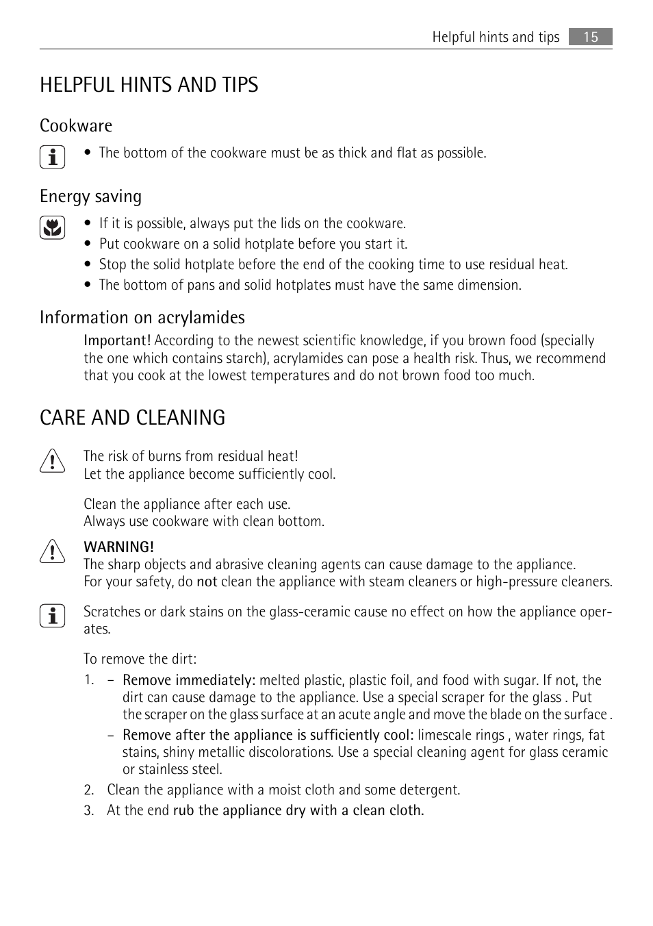 Helpful hints and tips, Care and cleaning, Cookware | Energy saving, Information on acrylamides | AEG HE604000H User Manual | Page 15 / 44