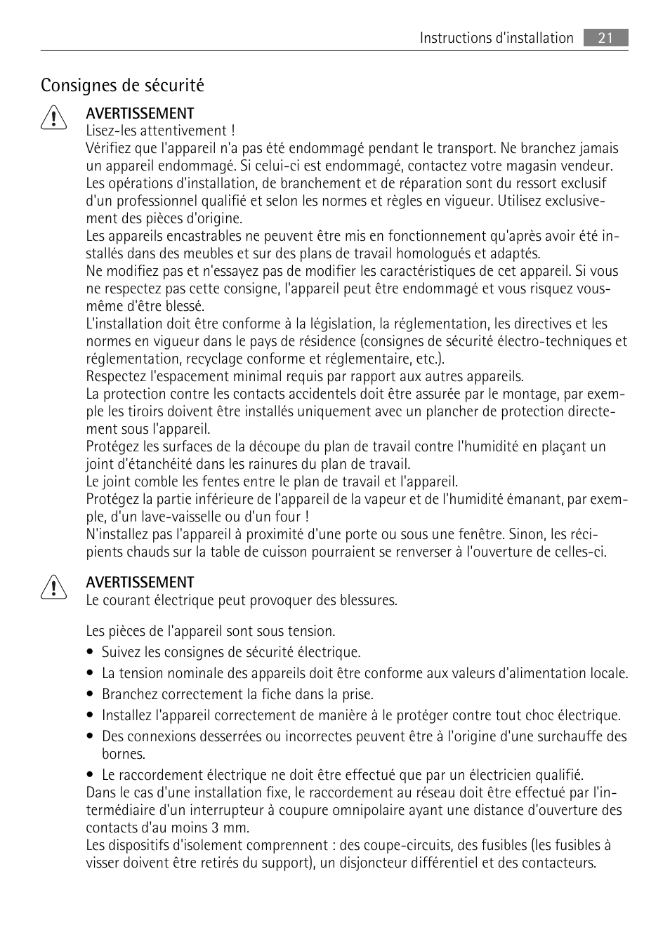 Consignes de sécurité | AEG HE604000H User Manual | Page 21 / 44