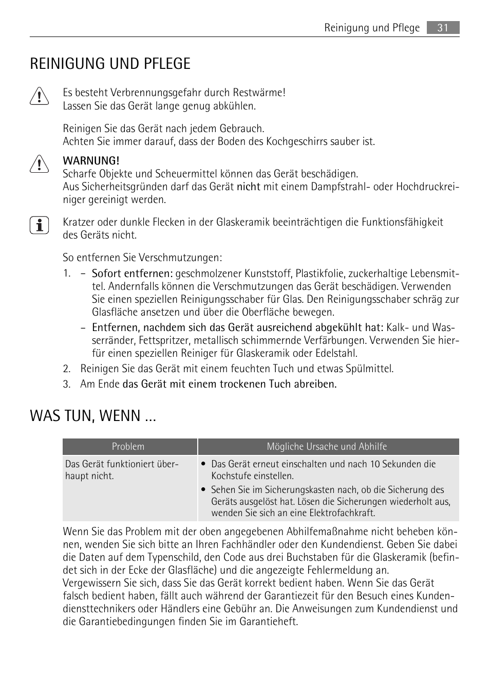 Reinigung und pflege, Was tun, wenn | AEG HE604000H User Manual | Page 31 / 44