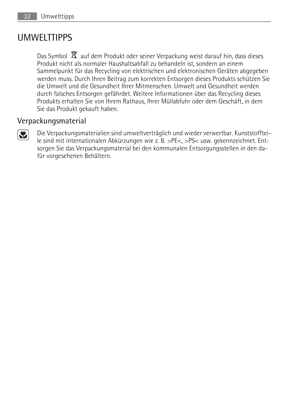 Umwelttipps, Verpackungsmaterial | AEG HE604000H User Manual | Page 32 / 44