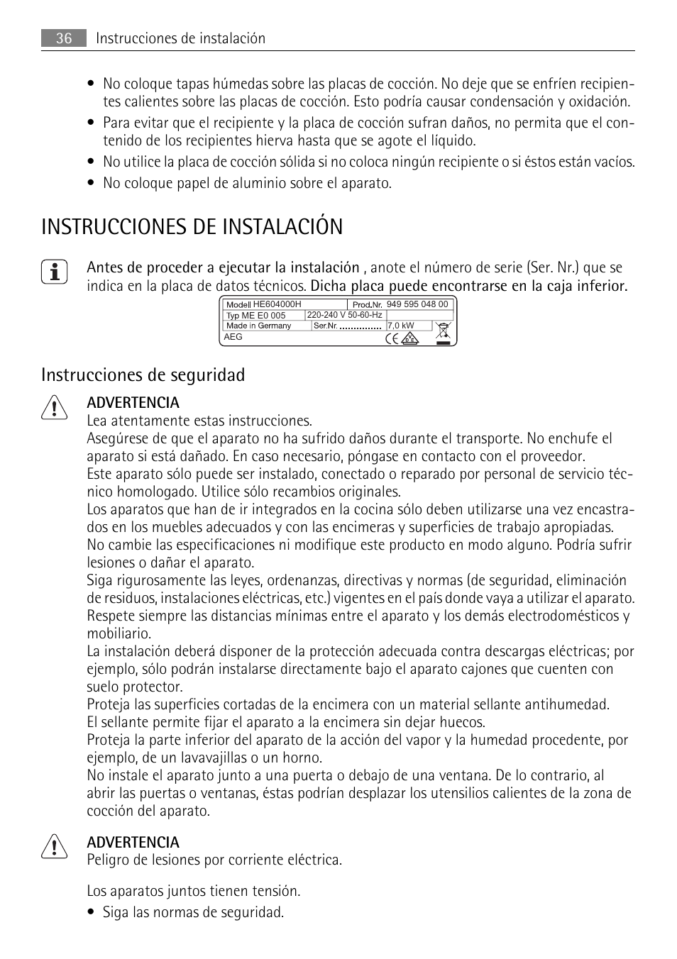 Instrucciones de instalación, Instrucciones de seguridad | AEG HE604000H User Manual | Page 36 / 44