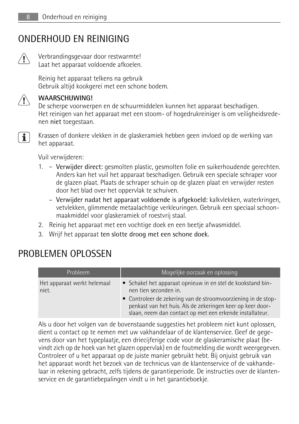 Onderhoud en reiniging, Problemen oplossen | AEG HE604000H User Manual | Page 8 / 44