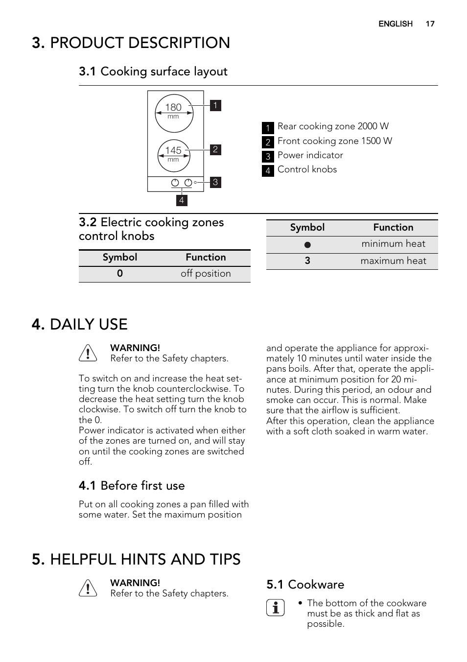Product description, Daily use, Helpful hints and tips | 1 cooking surface layout, 2 electric cooking zones control knobs, 1 before first use, 1 cookware | AEG HK312000H User Manual | Page 17 / 48