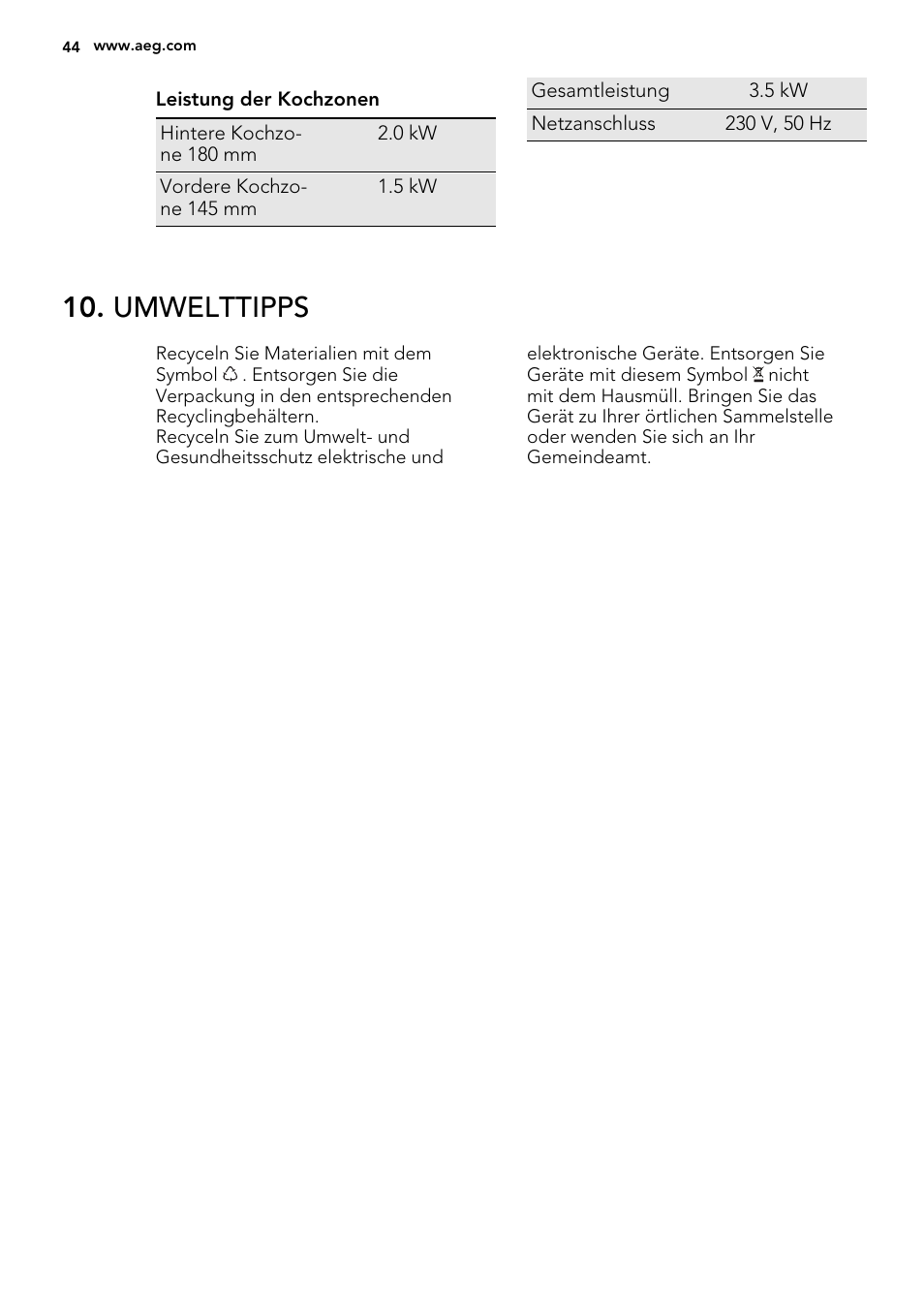 Umwelttipps | AEG HK312000H User Manual | Page 44 / 48
