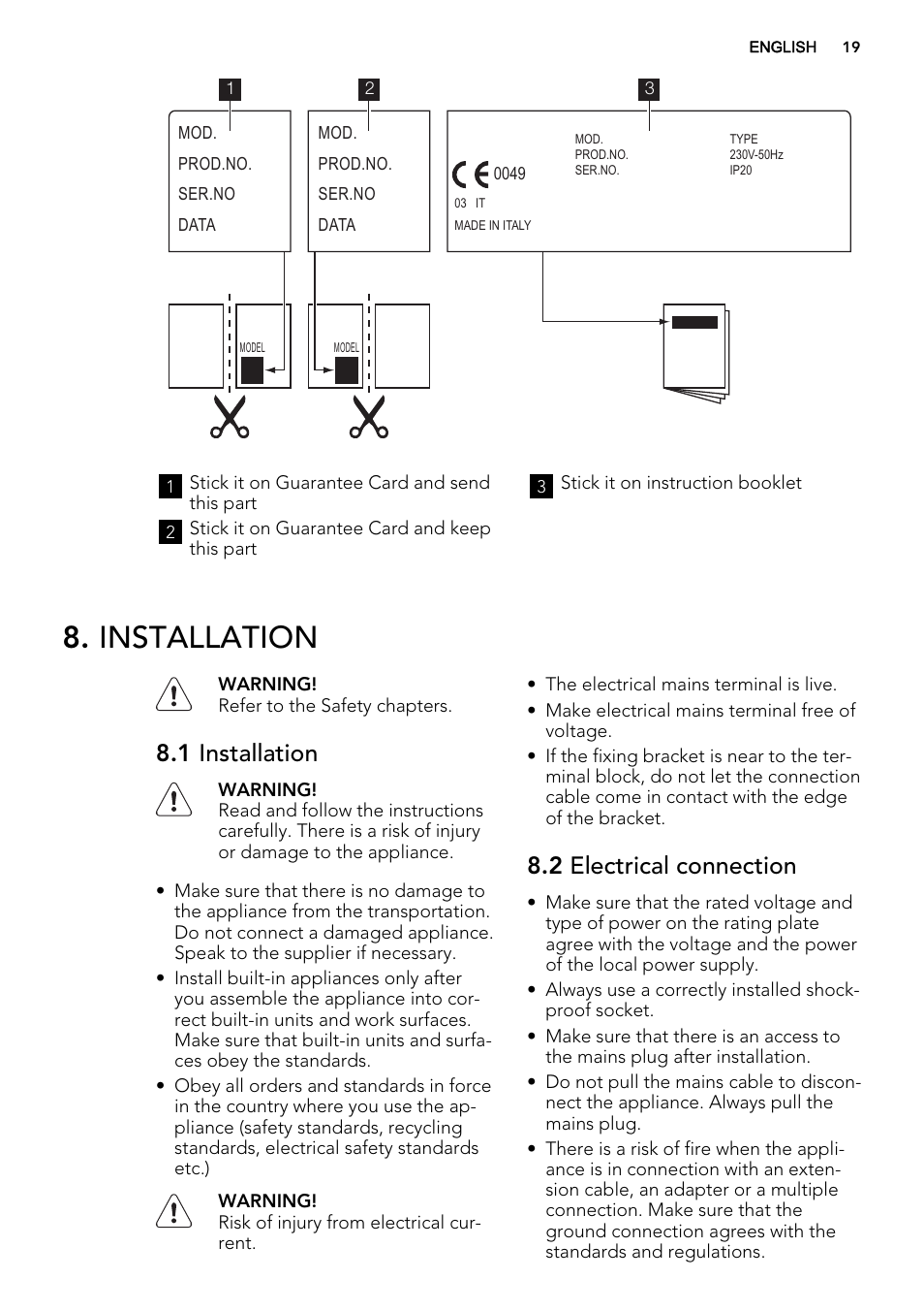 Installation, 1 installation, 2 electrical connection | AEG HK614000H User Manual | Page 19 / 44