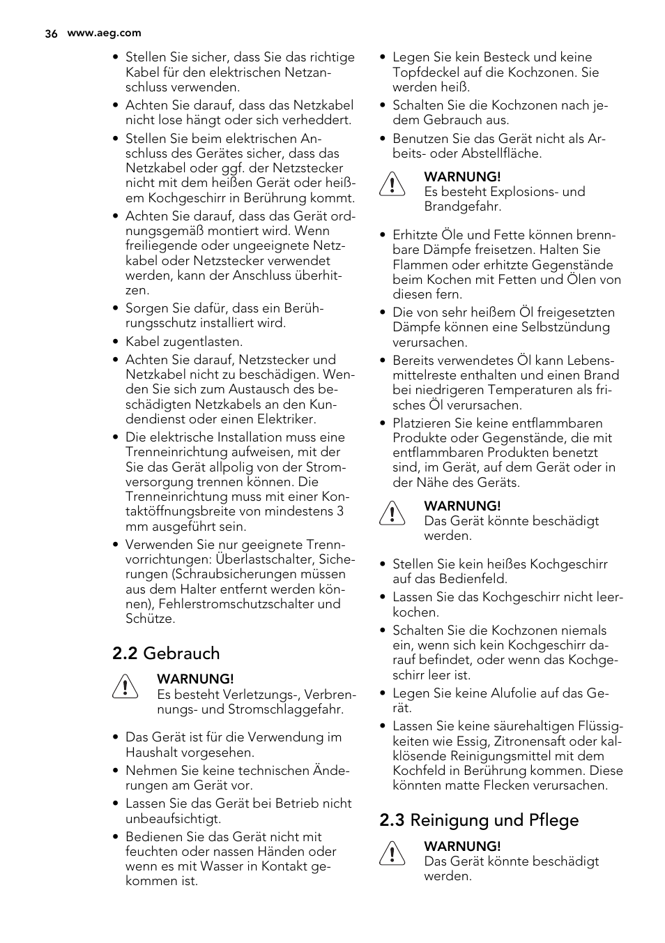 2 gebrauch, 3 reinigung und pflege | AEG HK614000H User Manual | Page 36 / 44