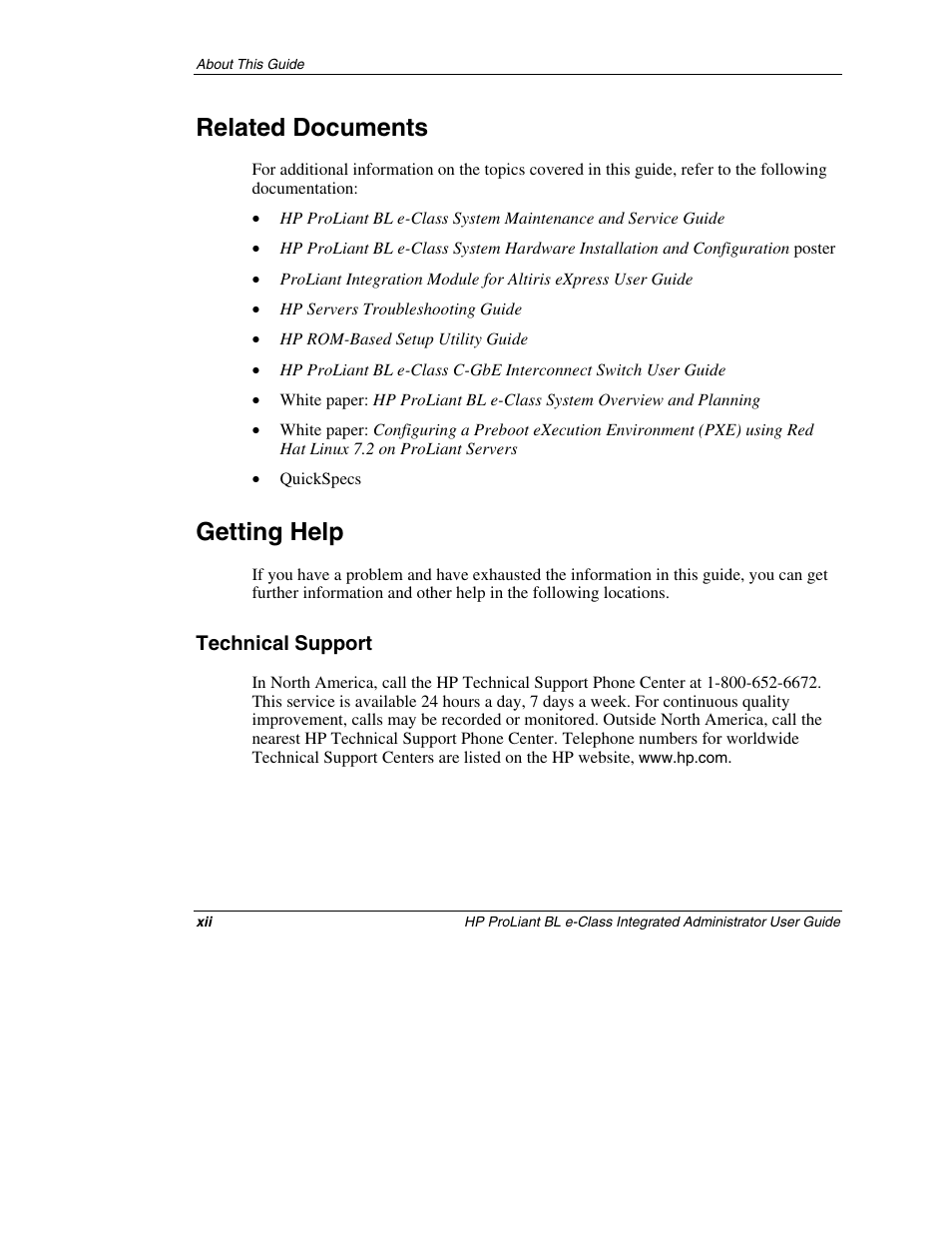 Related documents, Getting help, Technical support | HP ProLiant BL10e G2 Server Blade User Manual | Page 12 / 232