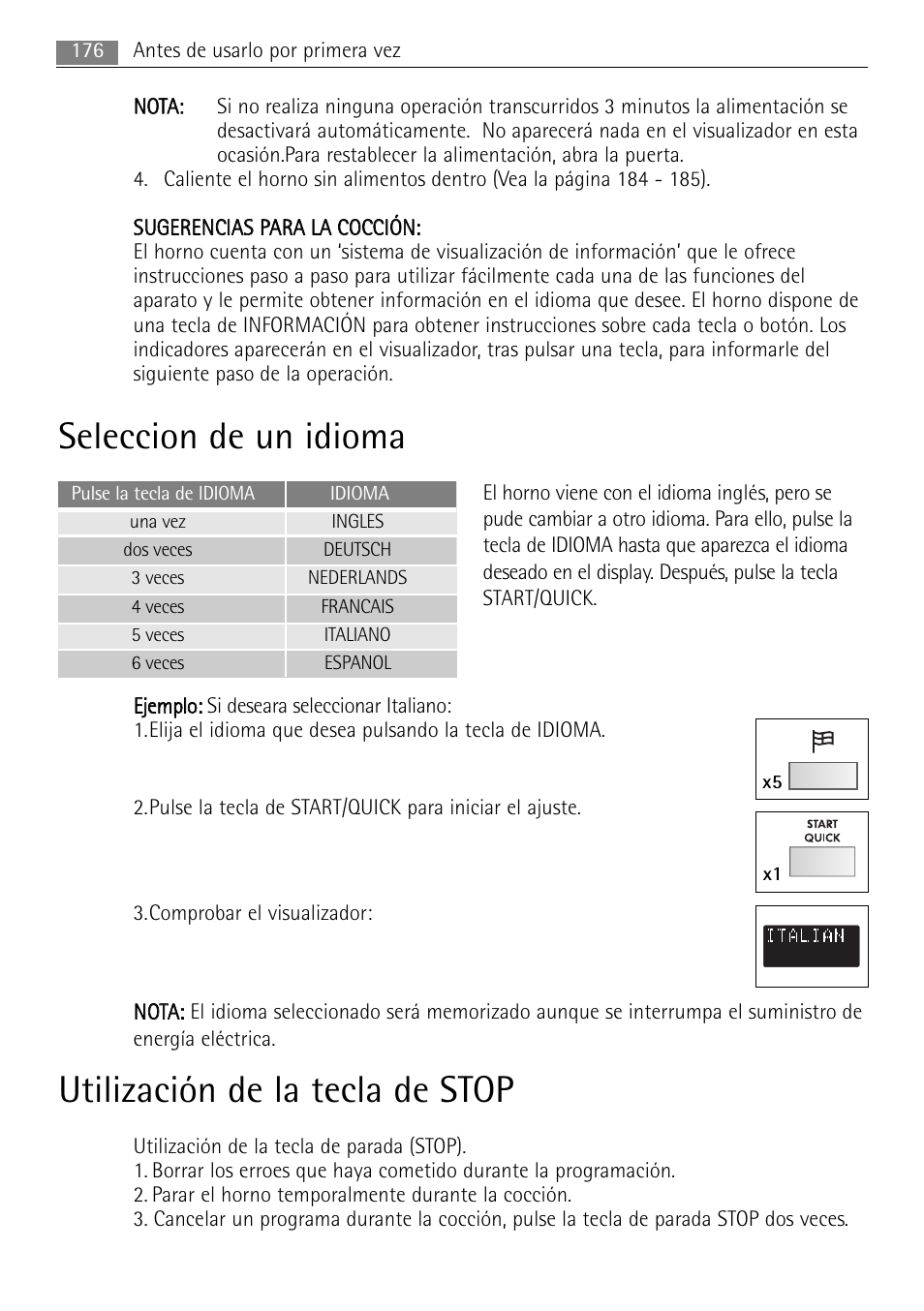 Seleccion de un idioma, Utilización de la tecla de stop | AEG MCC4061E-M User Manual | Page 176 / 252