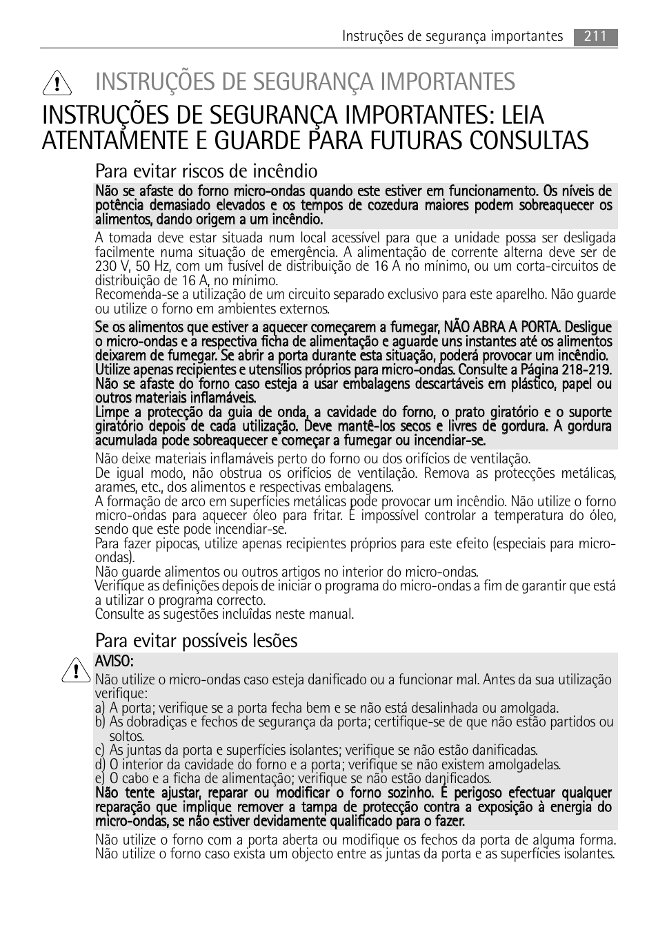Instruções de segurança importantes, Para evitar riscos de incêndio, Para evitar possíveis lesões | AEG MCC4061E-M User Manual | Page 211 / 252