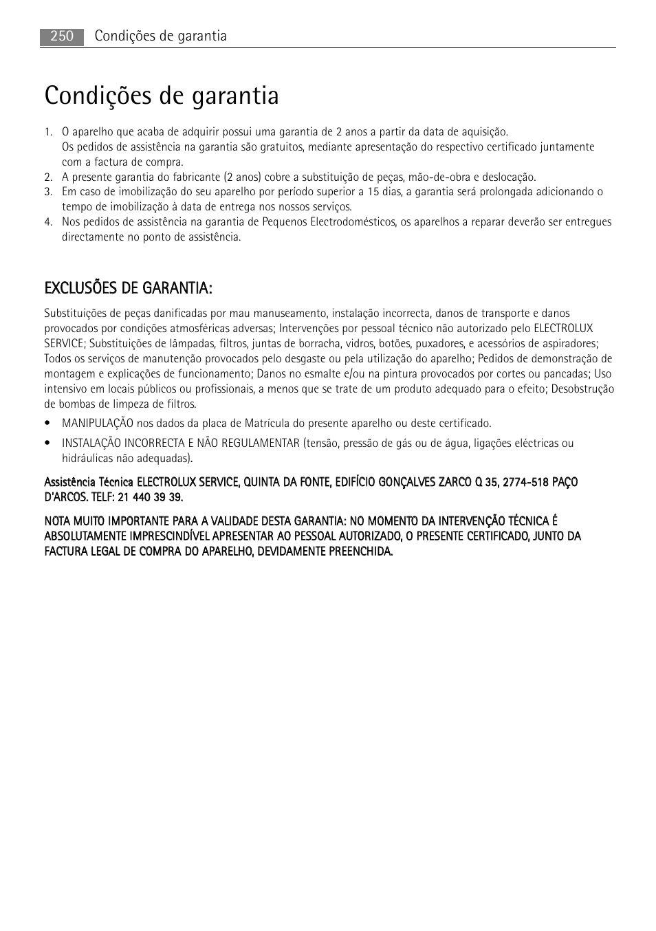 Condições de garantia, 250 condições de garantia | AEG MCC4061E-M User Manual | Page 250 / 252