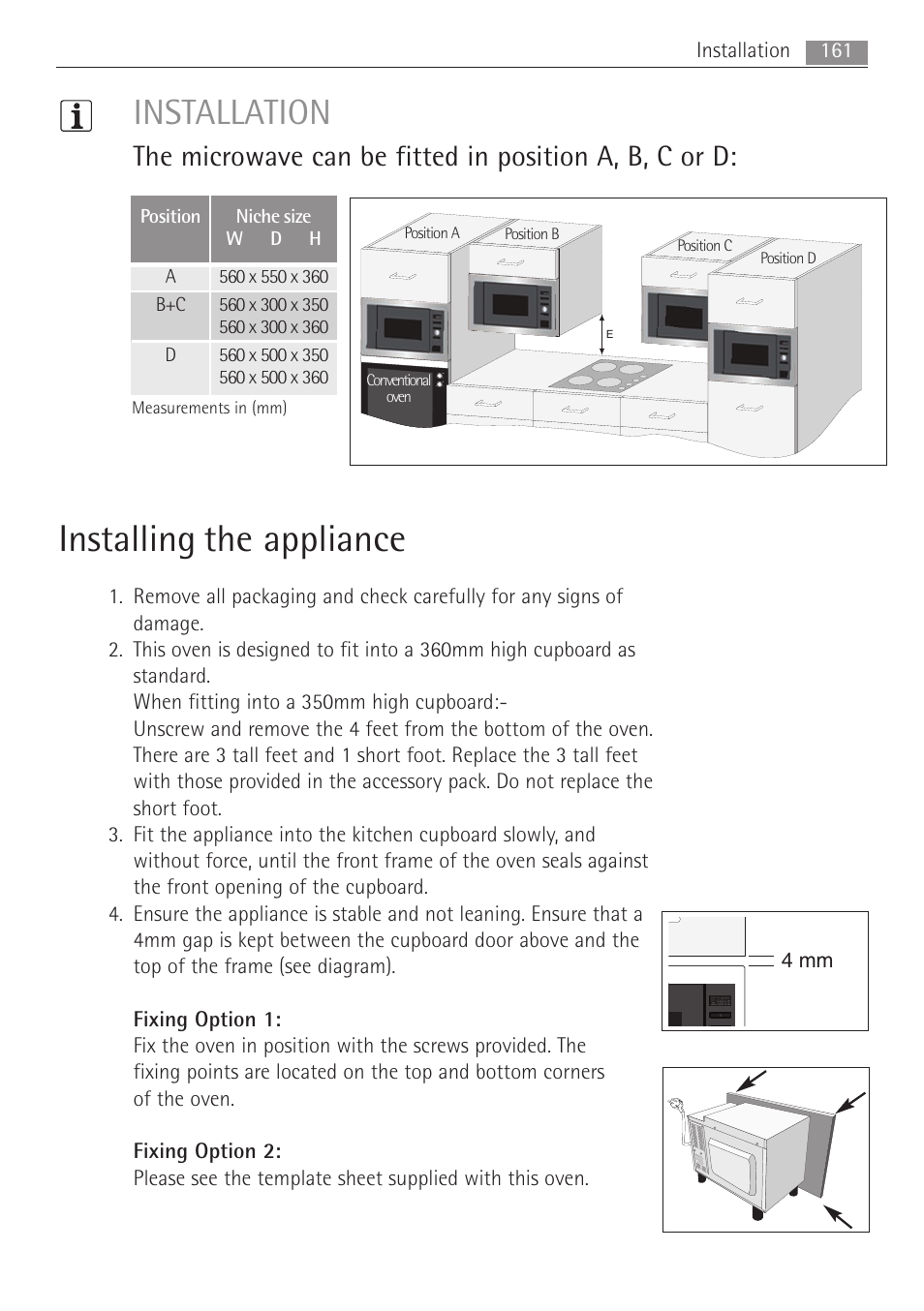 Installing the appliance, Installation | AEG MC1763E-M User Manual | Page 161 / 168