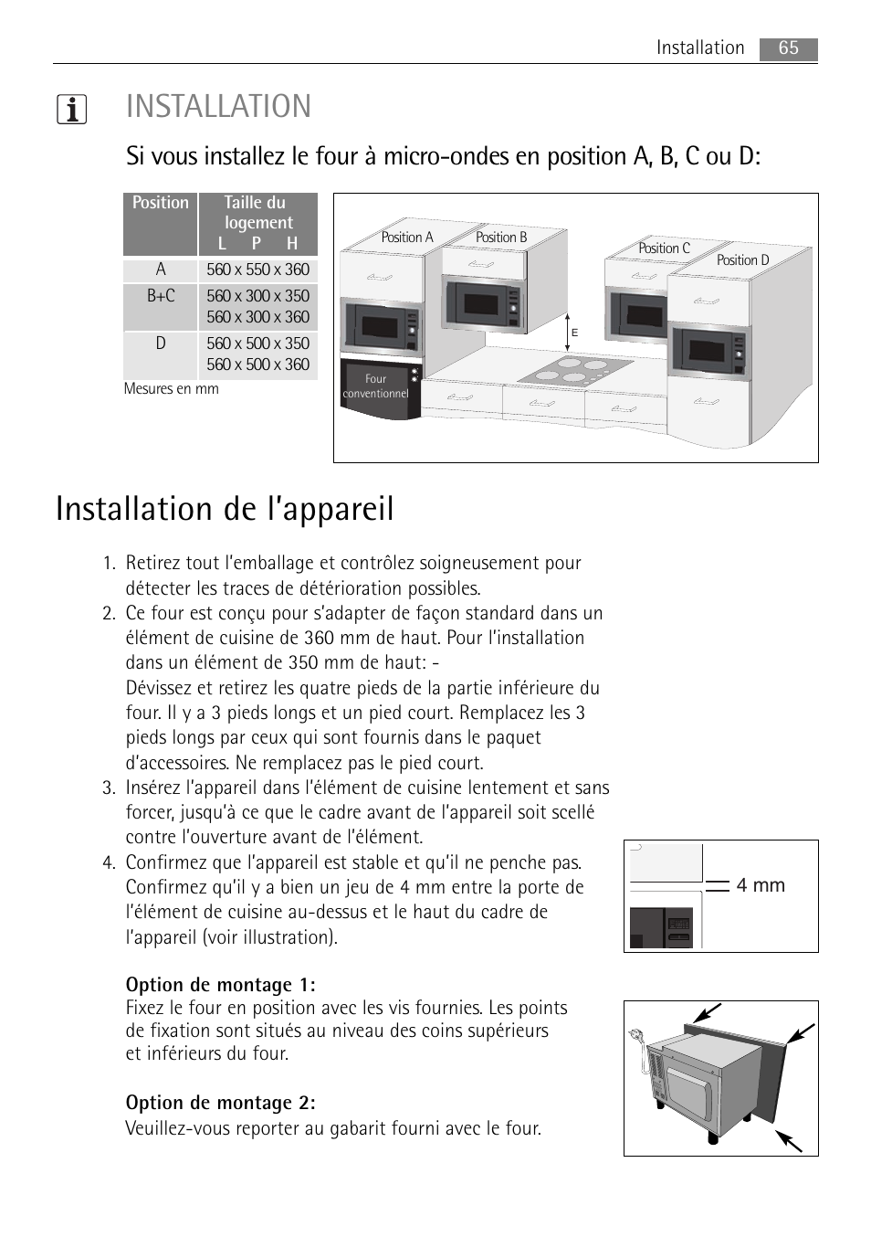 Installation de l’appareil, Installation | AEG MC1763E-M User Manual | Page 65 / 168