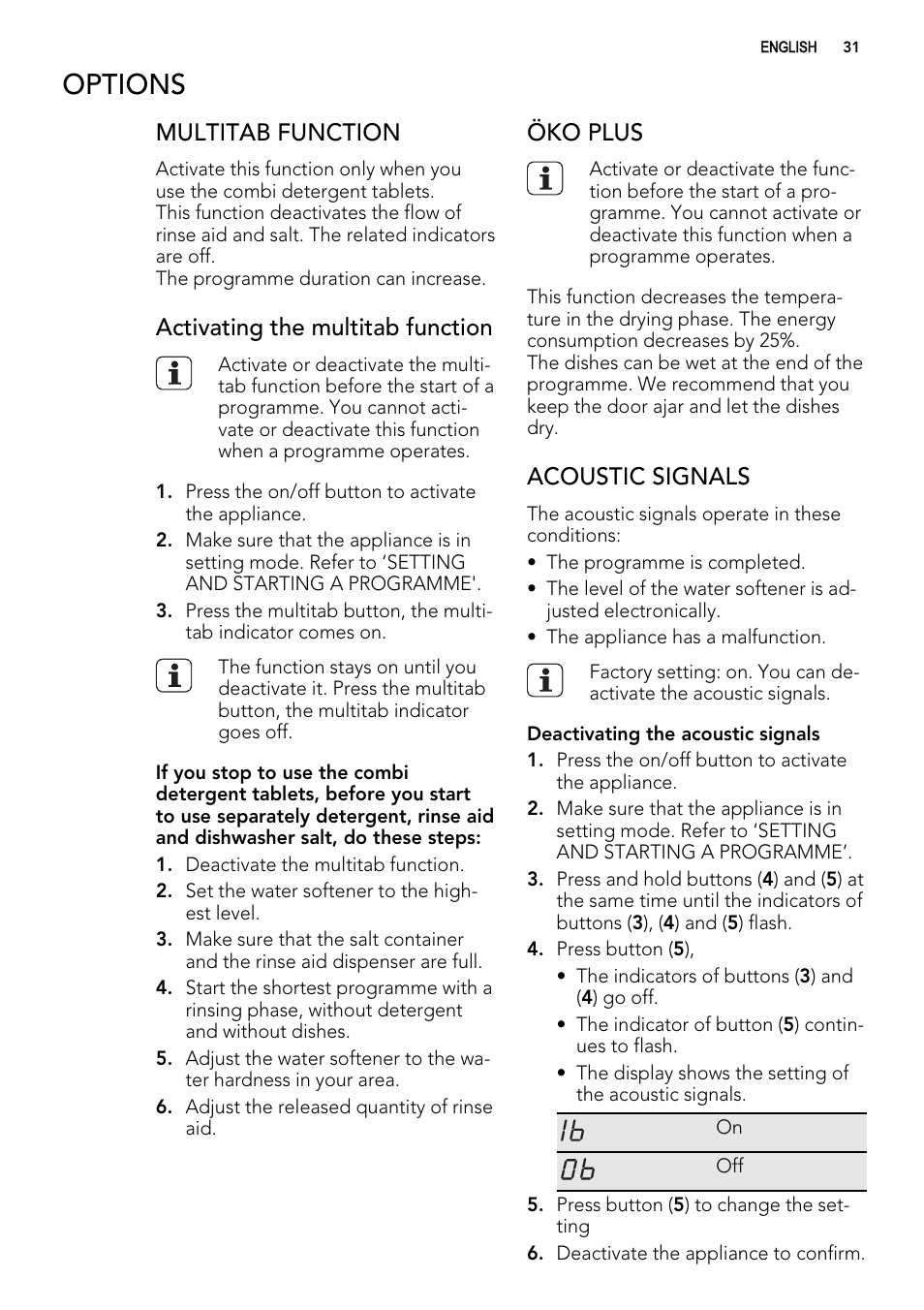 Options, Multitab function, Activating the multitab function | Öko plus, Acoustic signals | AEG FAV50KVI0P User Manual | Page 31 / 88