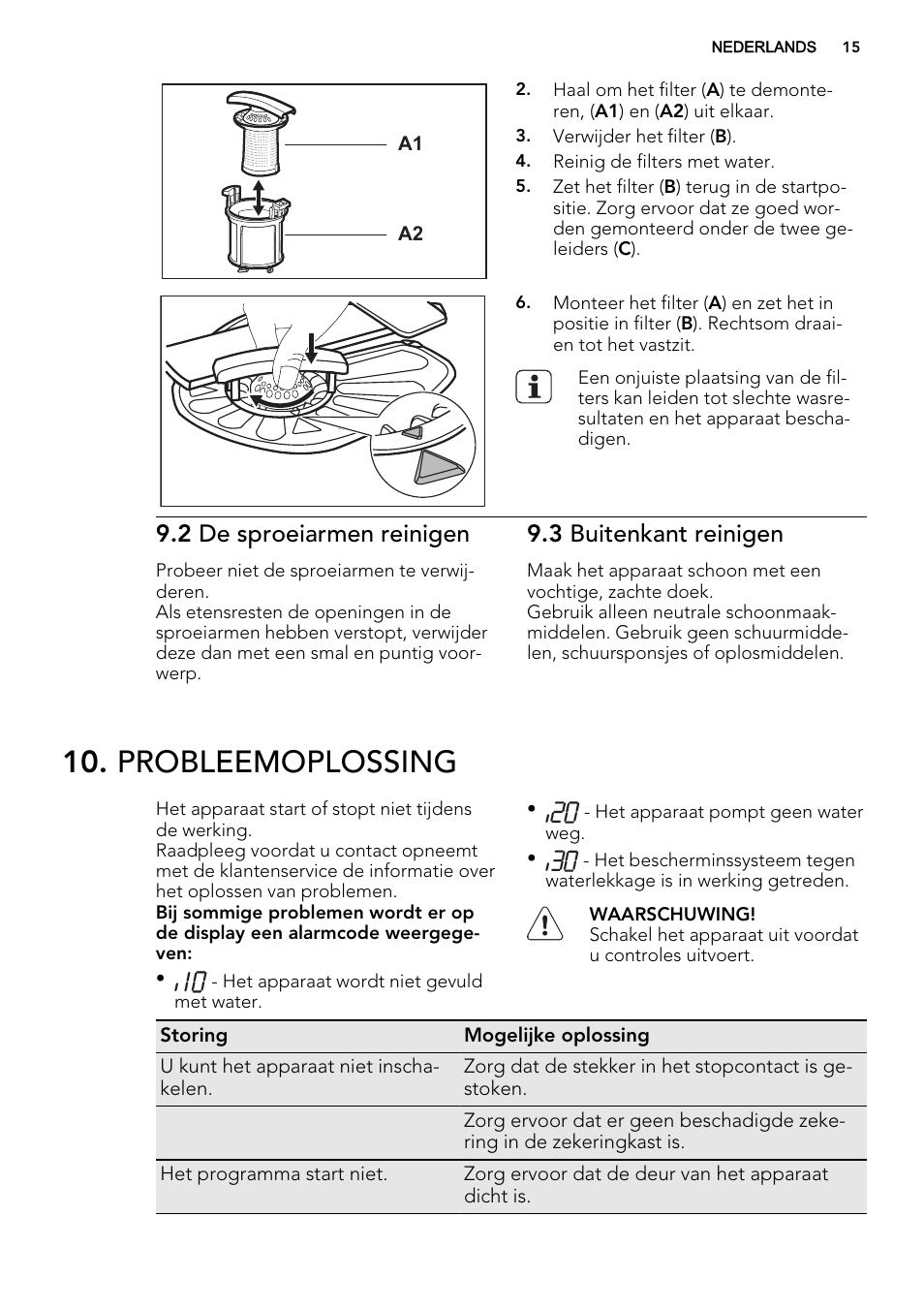 Probleemoplossing, 2 de sproeiarmen reinigen, 3 buitenkant reinigen | AEG F78420VI0P User Manual | Page 15 / 68