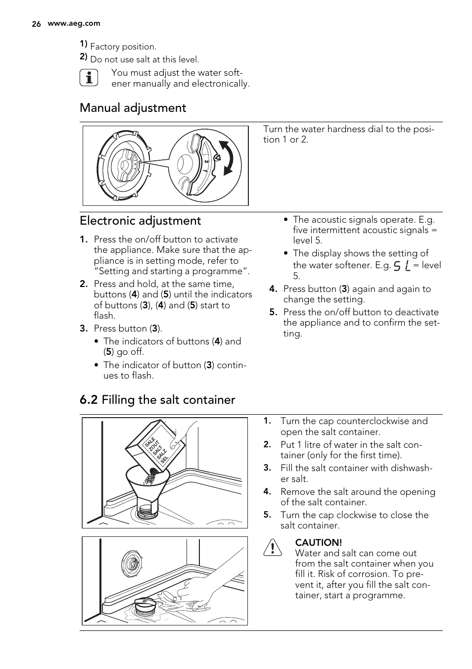 Manual adjustment, Electronic adjustment, 2 filling the salt container | AEG F78420VI0P User Manual | Page 26 / 68