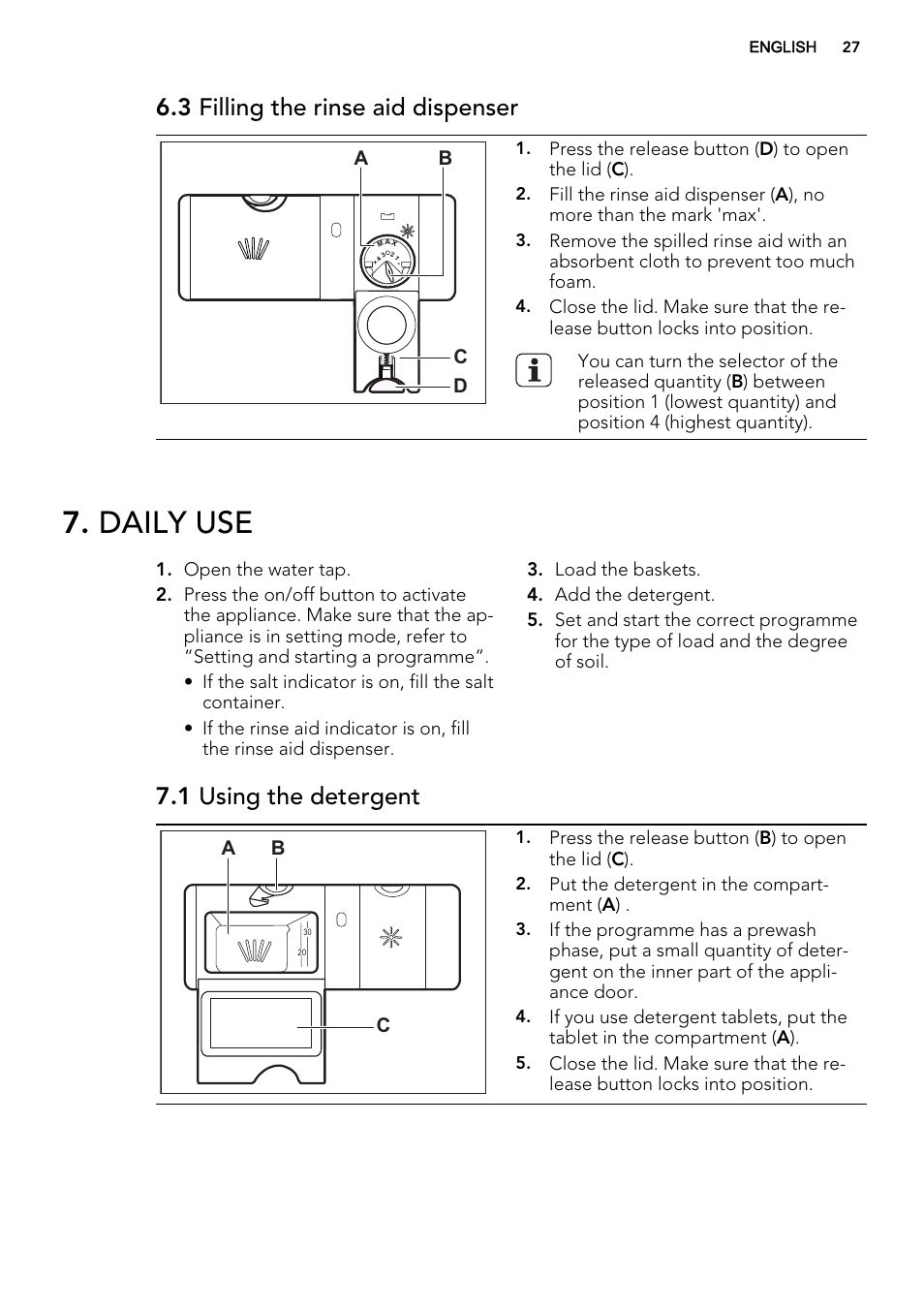 Daily use, 3 filling the rinse aid dispenser, 1 using the detergent | Ab d c, Ab c, Put the detergent in the compart- ment ( a ) | AEG F78420VI0P User Manual | Page 27 / 68