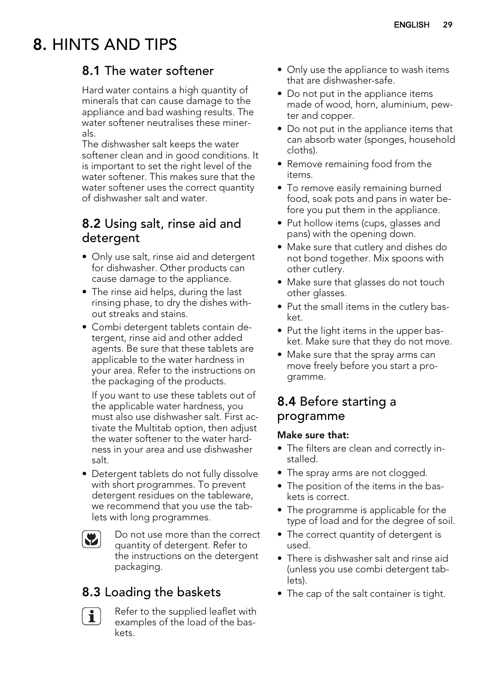 Hints and tips, 1 the water softener, 2 using salt, rinse aid and detergent | 3 loading the baskets, 4 before starting a programme | AEG F78420VI0P User Manual | Page 29 / 68