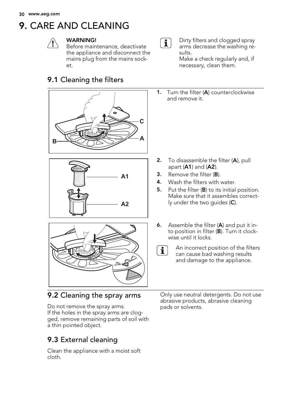 Care and cleaning, 1 cleaning the filters, 2 cleaning the spray arms | 3 external cleaning | AEG F78420VI0P User Manual | Page 30 / 68