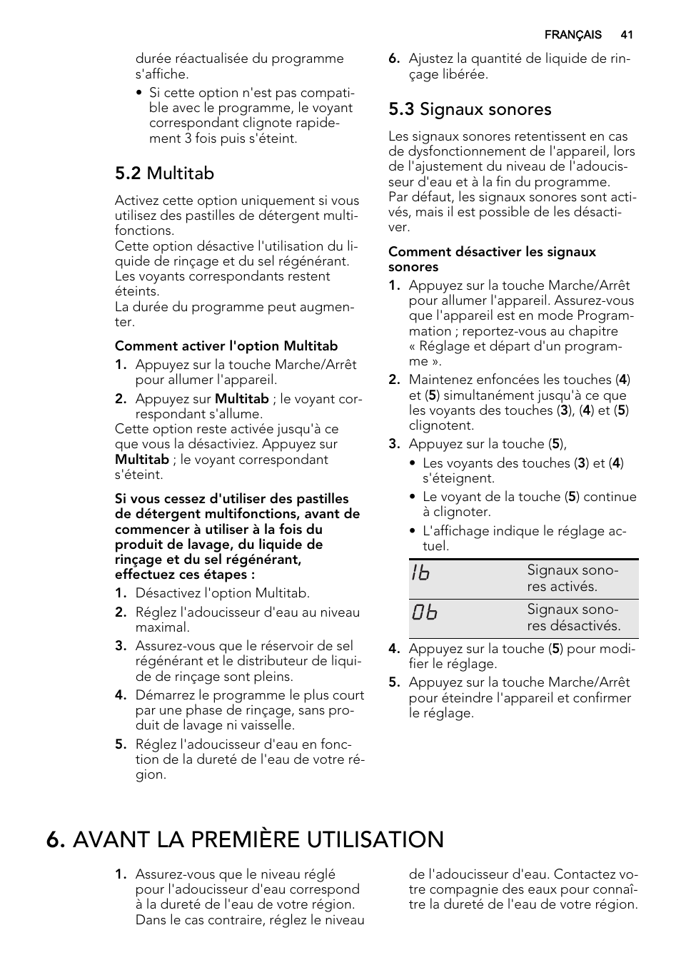 Avant la première utilisation, 2 multitab, 3 signaux sonores | AEG F78420VI0P User Manual | Page 41 / 68