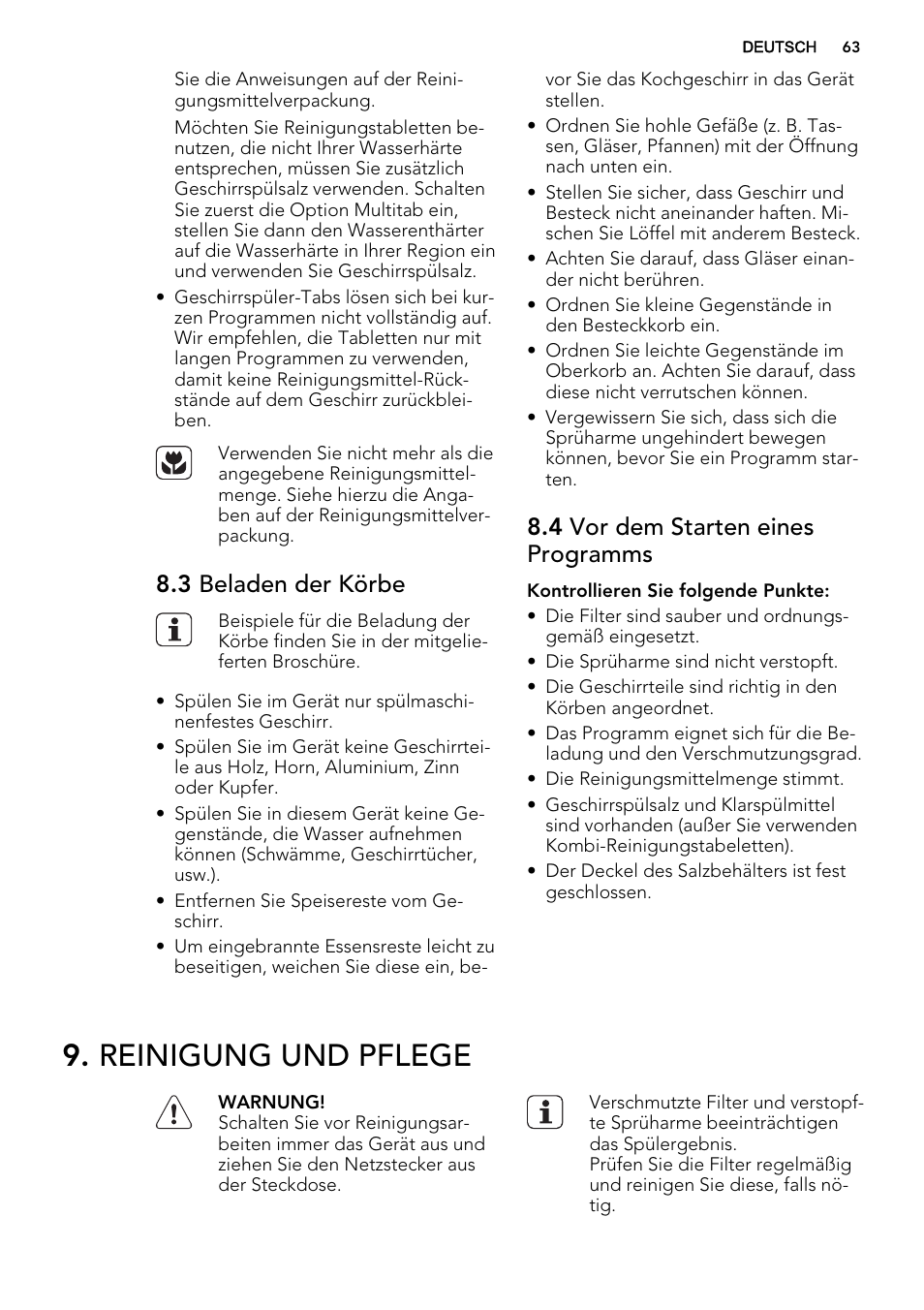 Reinigung und pflege, 3 beladen der körbe, 4 vor dem starten eines programms | AEG F78420VI0P User Manual | Page 63 / 68