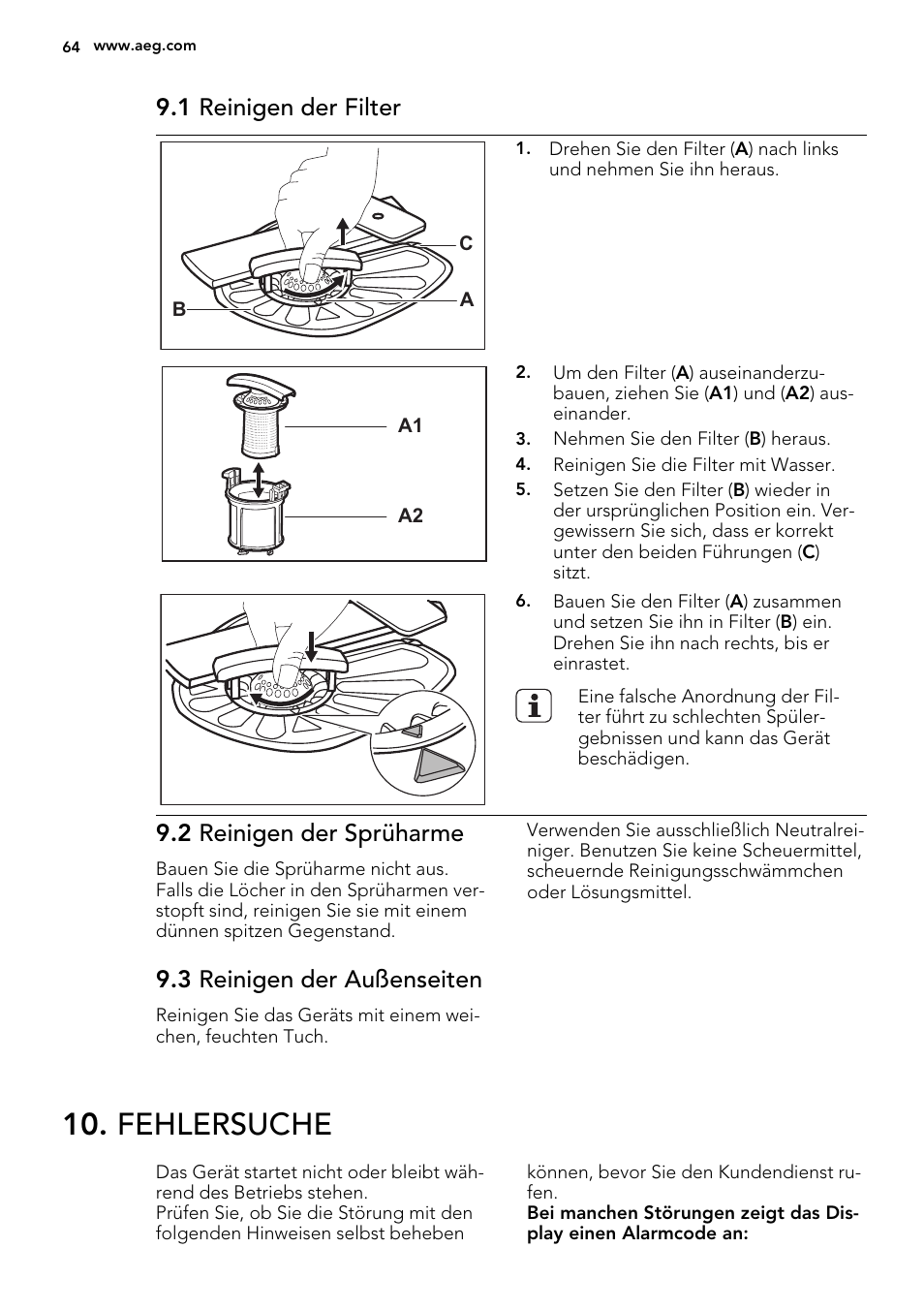 Fehlersuche, 1 reinigen der filter, 2 reinigen der sprüharme | 3 reinigen der außenseiten | AEG F78420VI0P User Manual | Page 64 / 68