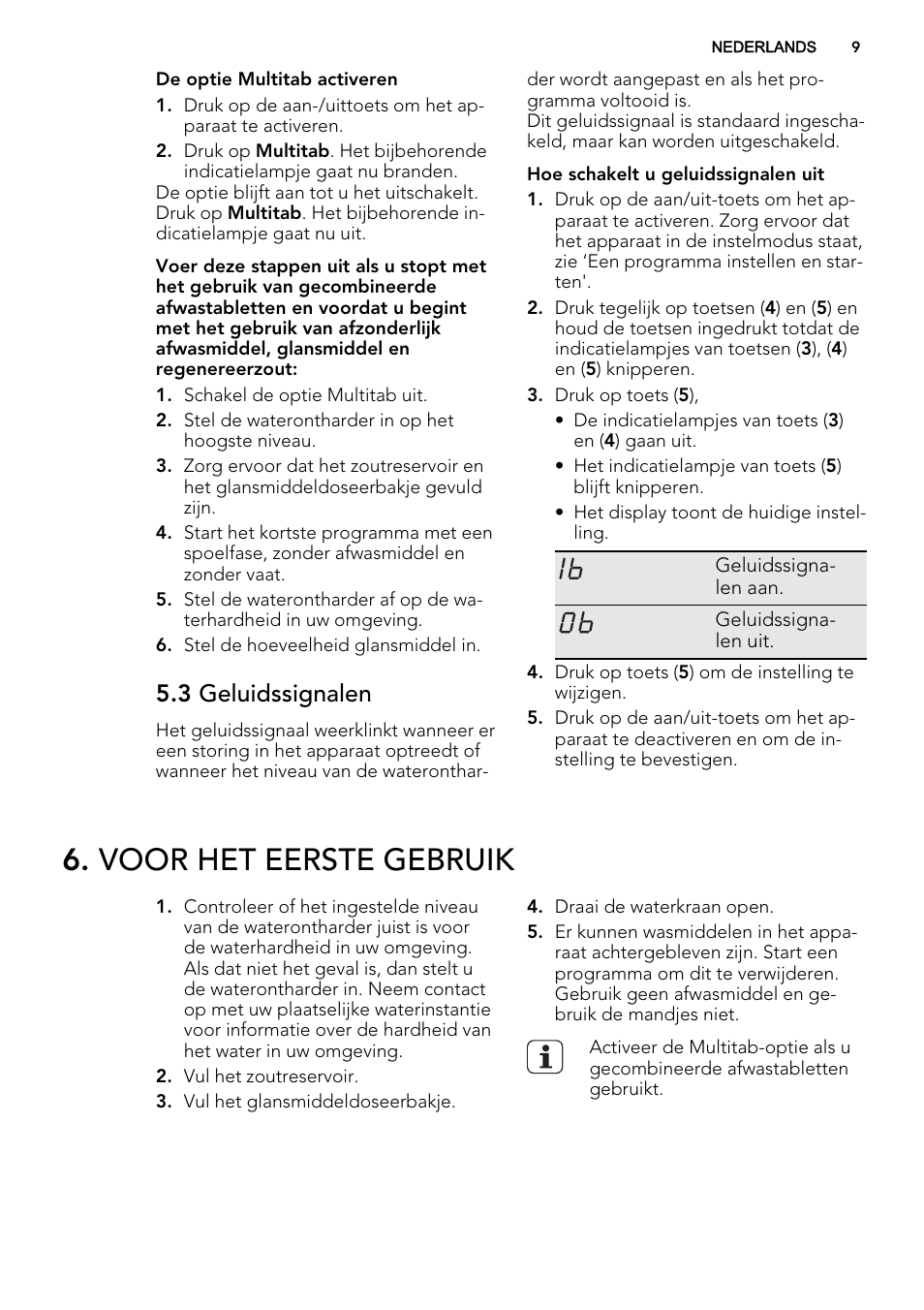 Voor het eerste gebruik, 3 geluidssignalen | AEG F78420VI0P User Manual | Page 9 / 68