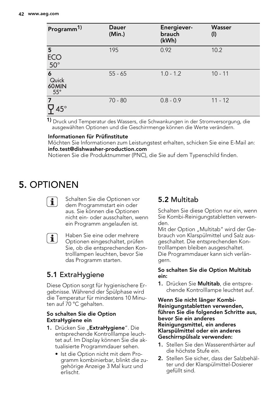 Optionen, 1 extrahygiene, 2 multitab | AEG F67032VI0P User Manual | Page 42 / 72