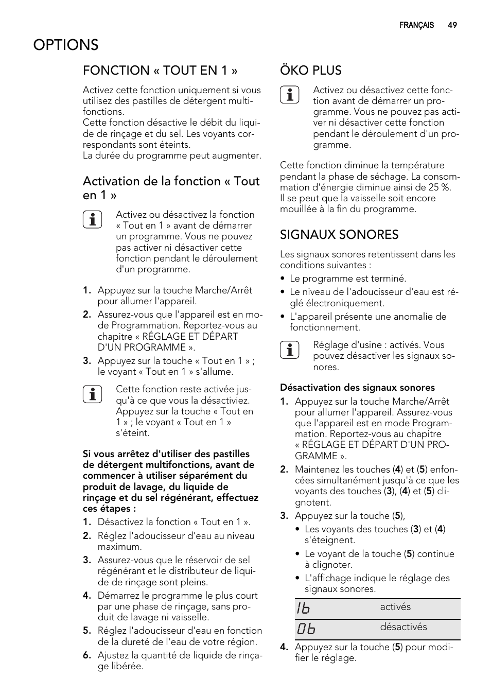 Options, Fonction « tout en 1, Activation de la fonction « tout en 1 | Öko plus, Signaux sonores | AEG F65050VI1P User Manual | Page 49 / 88