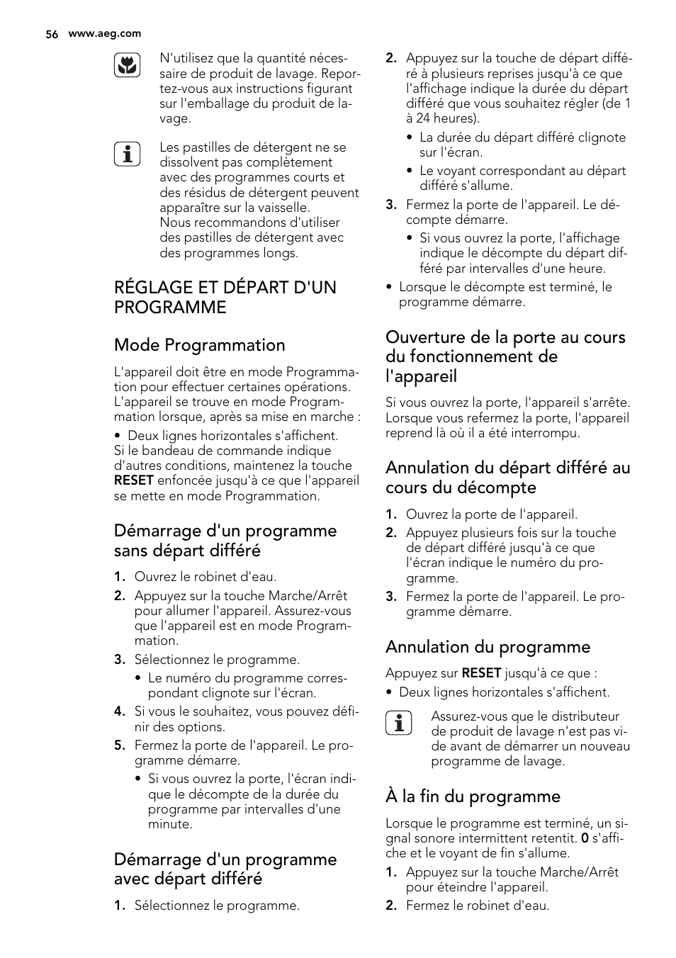 Démarrage d'un programme sans départ différé, Démarrage d'un programme avec départ différé, Annulation du départ différé au cours du décompte | Annulation du programme, À la fin du programme | AEG F65050VI1P User Manual | Page 56 / 88