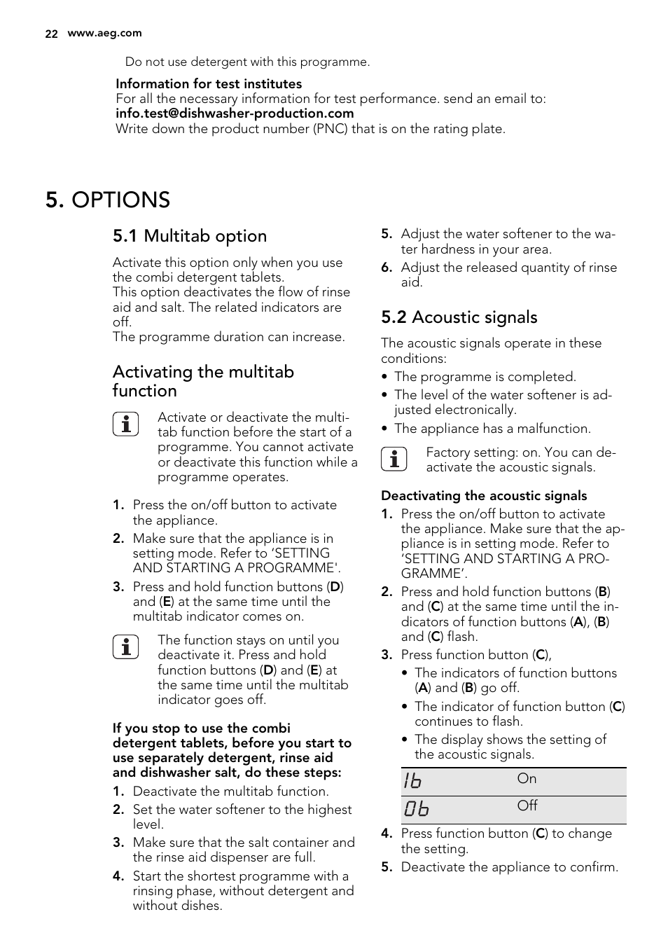 Options, 1 multitab option, Activating the multitab function | 2 acoustic signals | AEG F55000 VI0P User Manual | Page 22 / 64