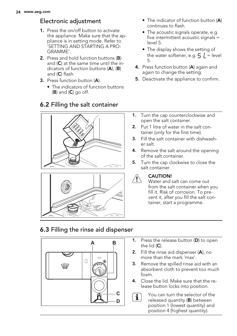 Electronic adjustment, 2 filling the salt container, 3 filling the rinse aid dispenser | AEG F55000 VI0P User Manual | Page 24 / 64