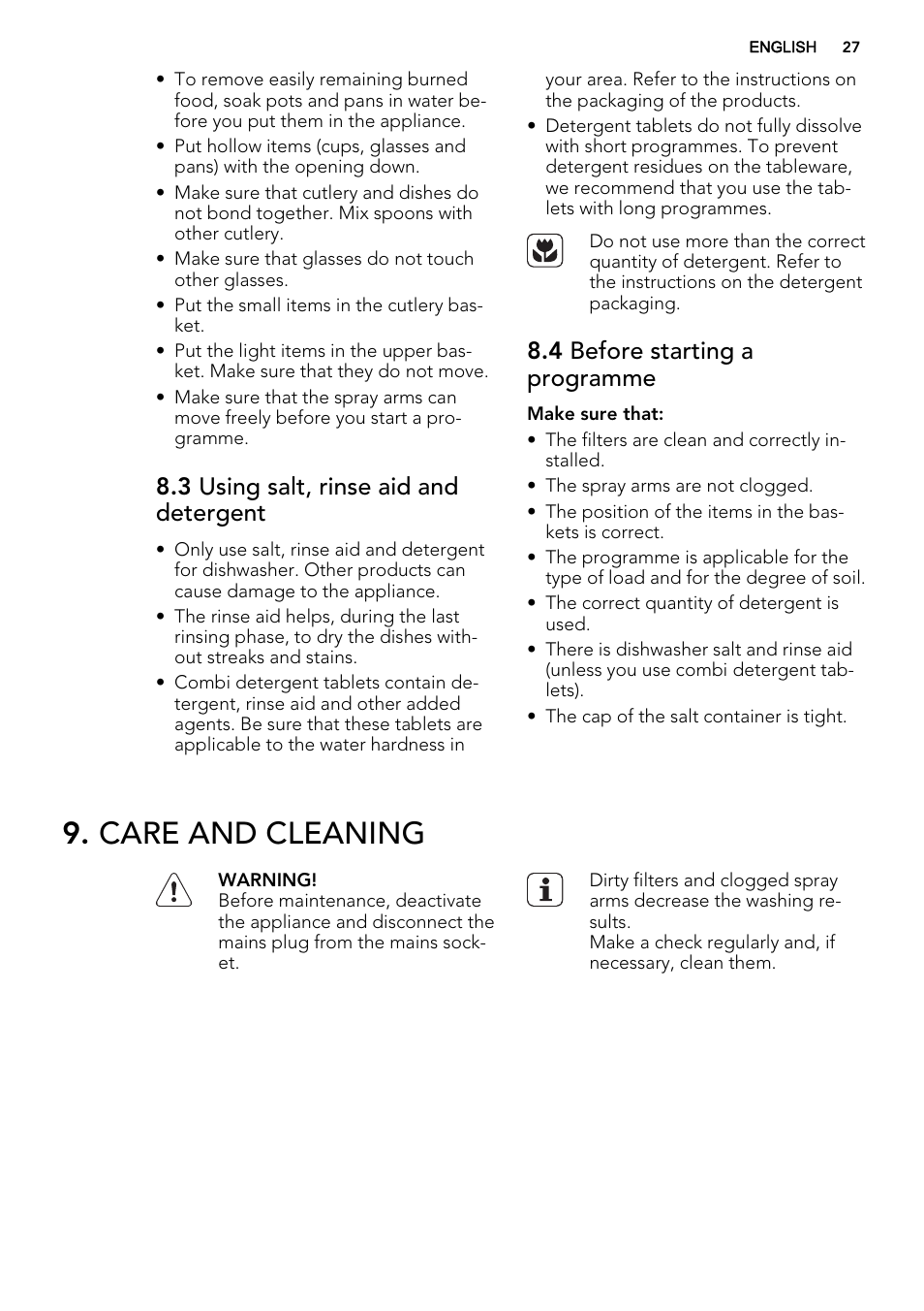 Care and cleaning, 3 using salt, rinse aid and detergent, 4 before starting a programme | AEG F55000 VI0P User Manual | Page 27 / 64