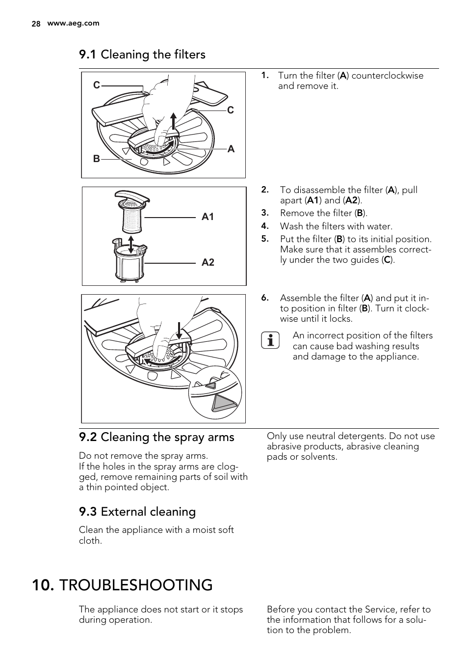 Troubleshooting, 1 cleaning the filters, 2 cleaning the spray arms | 3 external cleaning | AEG F55000 VI0P User Manual | Page 28 / 64