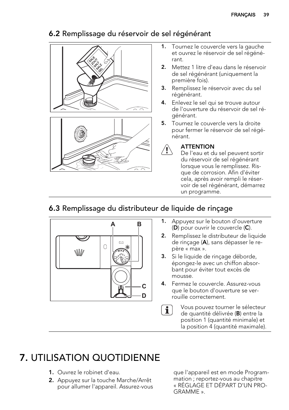 Utilisation quotidienne, 2 remplissage du réservoir de sel régénérant | AEG F55000 VI0P User Manual | Page 39 / 64