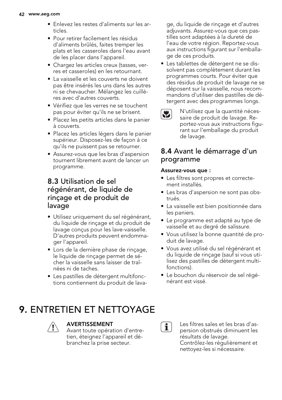 Entretien et nettoyage, 4 avant le démarrage d'un programme | AEG F55000 VI0P User Manual | Page 42 / 64