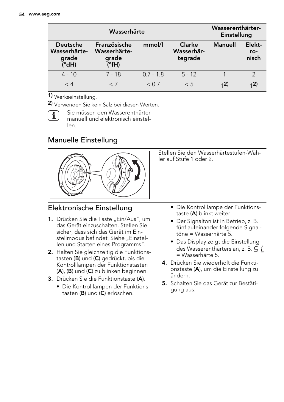 Manuelle einstellung, Elektronische einstellung | AEG F55000 VI0P User Manual | Page 54 / 64