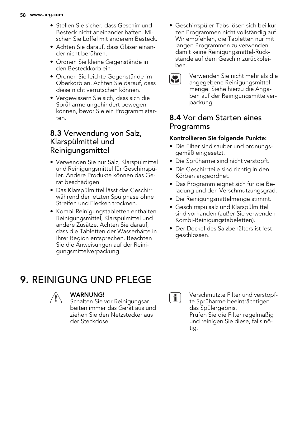Reinigung und pflege, 4 vor dem starten eines programms | AEG F55000 VI0P User Manual | Page 58 / 64