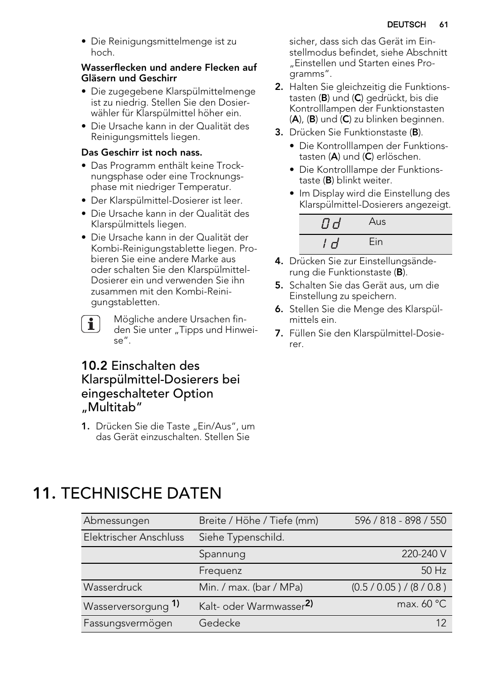 Technische daten | AEG F55000 VI0P User Manual | Page 61 / 64