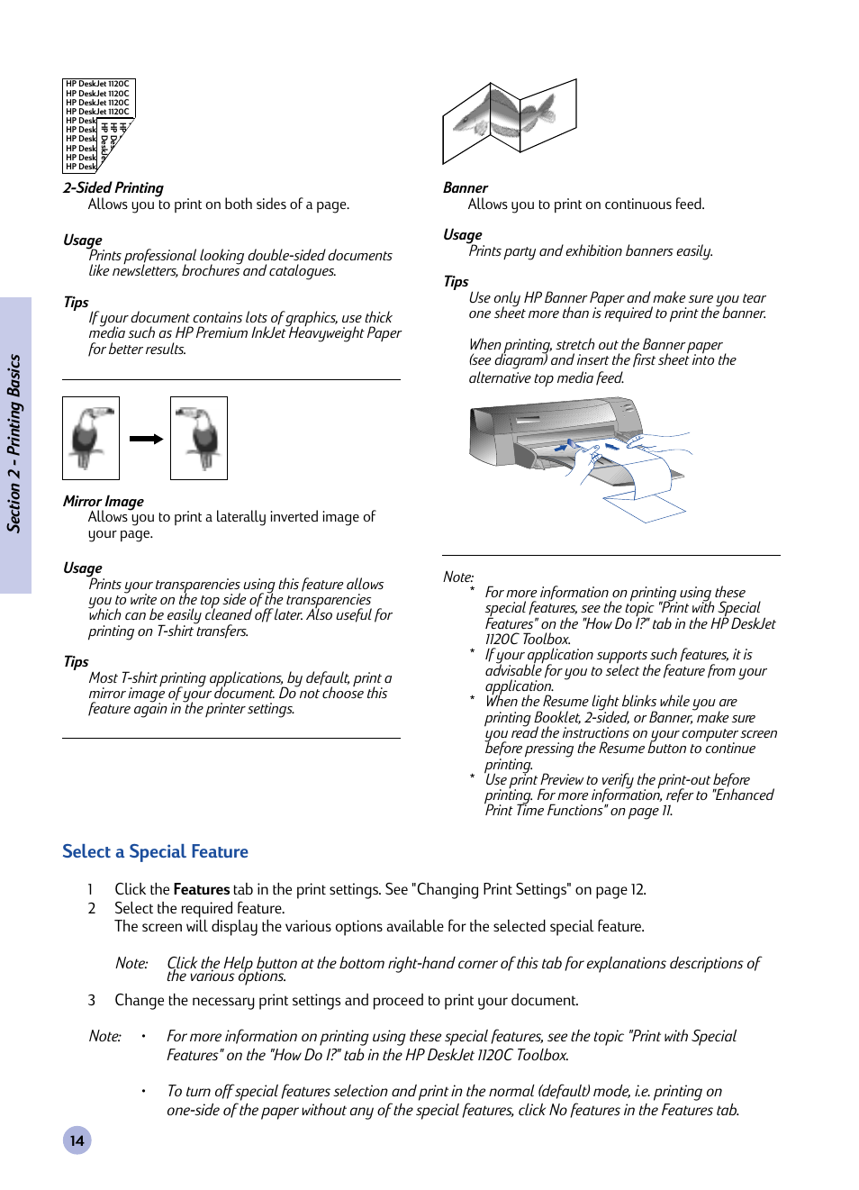 Select a special feature | HP Imprimante HP Deskjet 1120cxi User Manual | Page 16 / 112