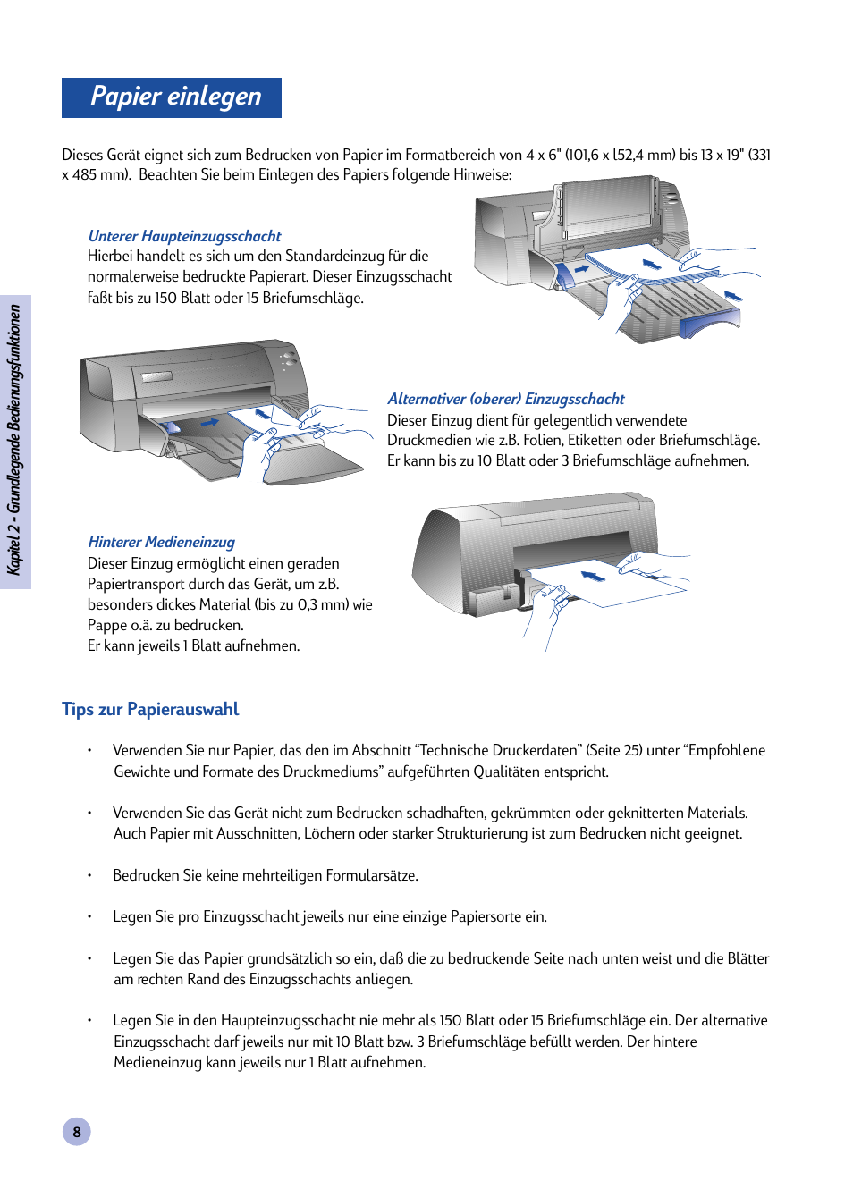 Kapitel, Papier einlegen, Grundlegende bedienungsfunktionen | HP Imprimante HP Deskjet 1120cxi User Manual | Page 37 / 112