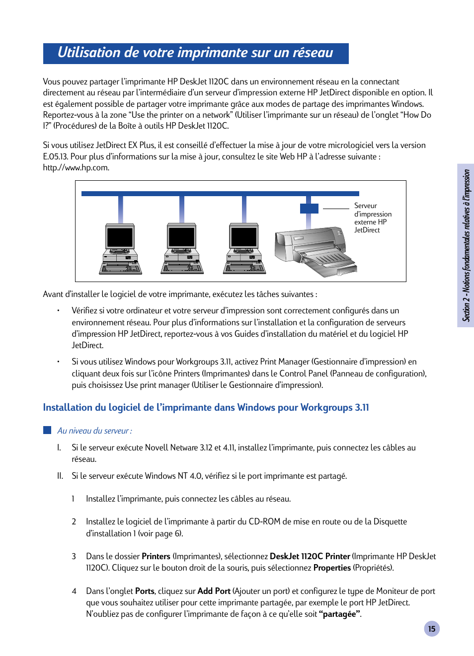 Utilisation de votre imprimante sur un réseau | HP Imprimante HP Deskjet 1120cxi User Manual | Page 71 / 112