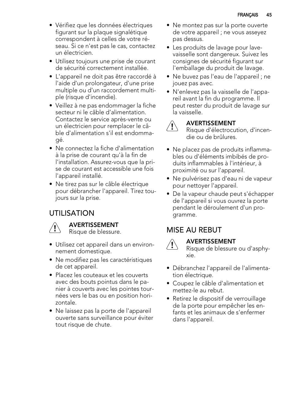 Utilisation, Mise au rebut | AEG FAV50KIM0P User Manual | Page 45 / 88