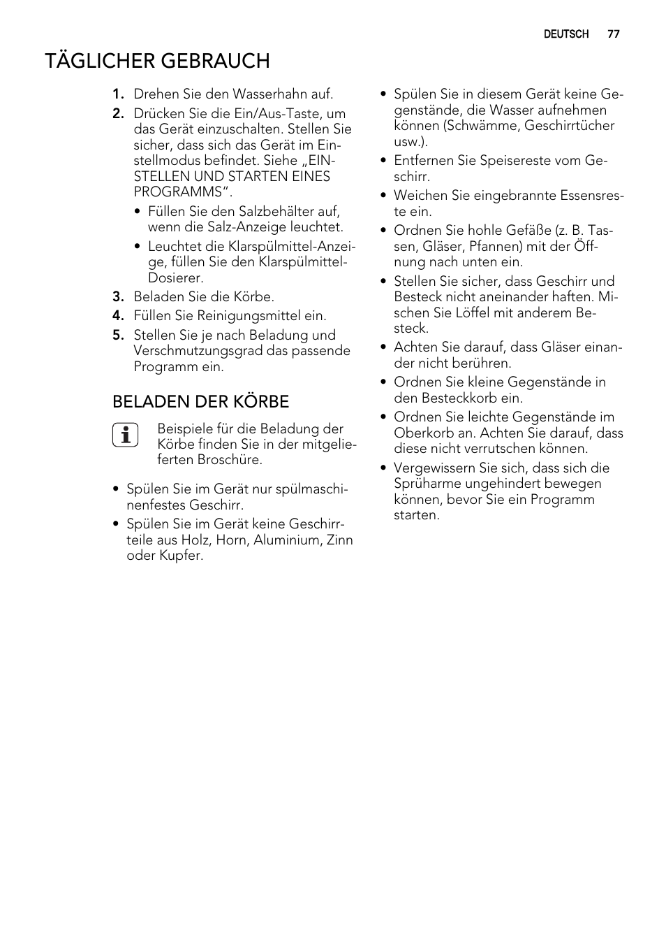 Täglicher gebrauch, Beladen der körbe | AEG FAV50KIM0P User Manual | Page 77 / 88