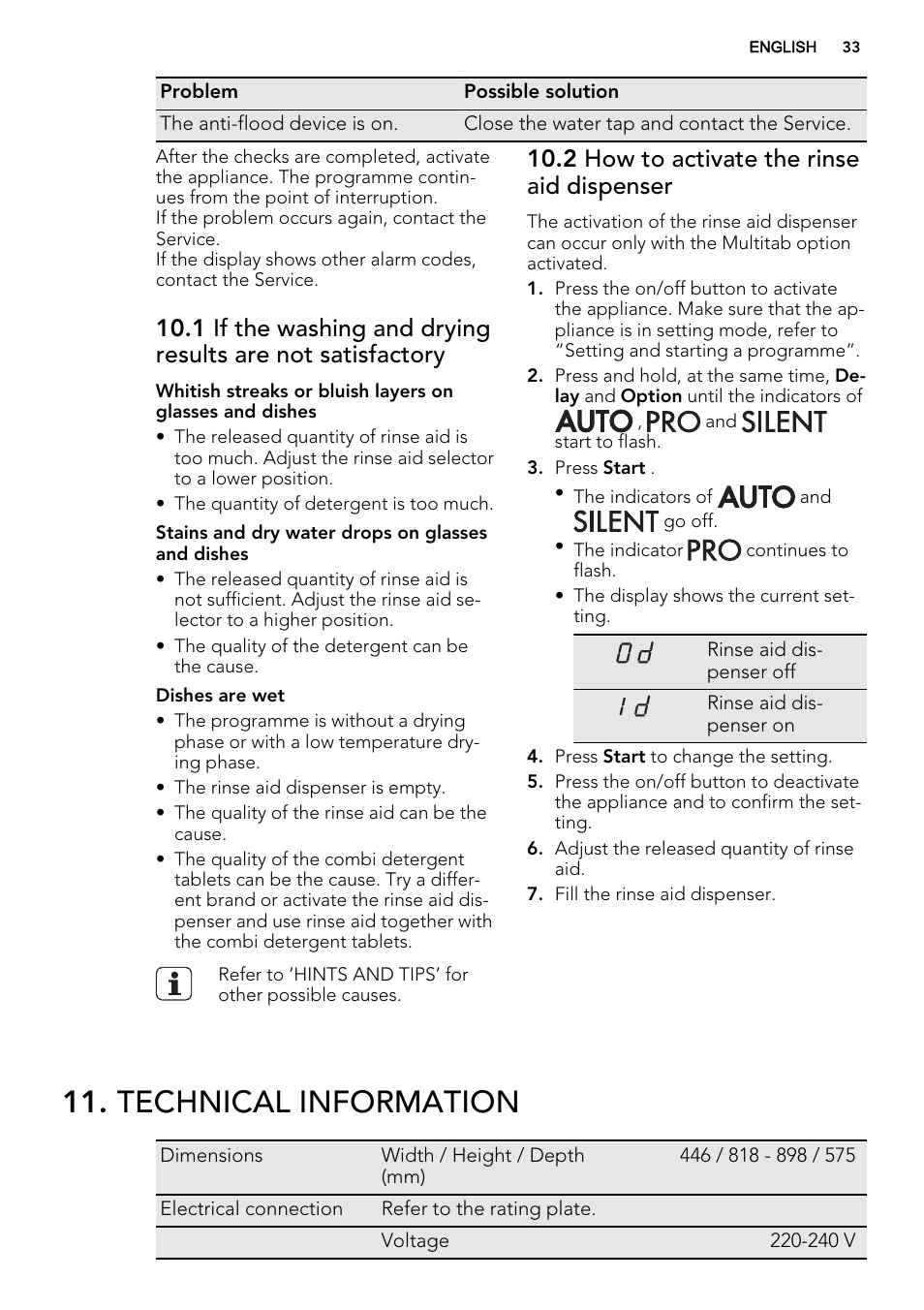 Technical information, 2 how to activate the rinse aid dispenser | AEG F78420IM0P User Manual | Page 33 / 72