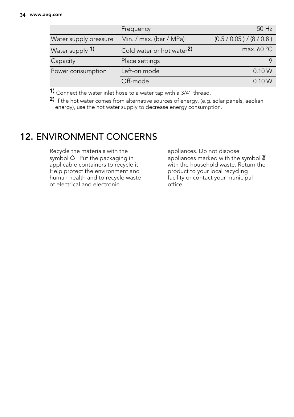 Environment concerns | AEG F78420IM0P User Manual | Page 34 / 72