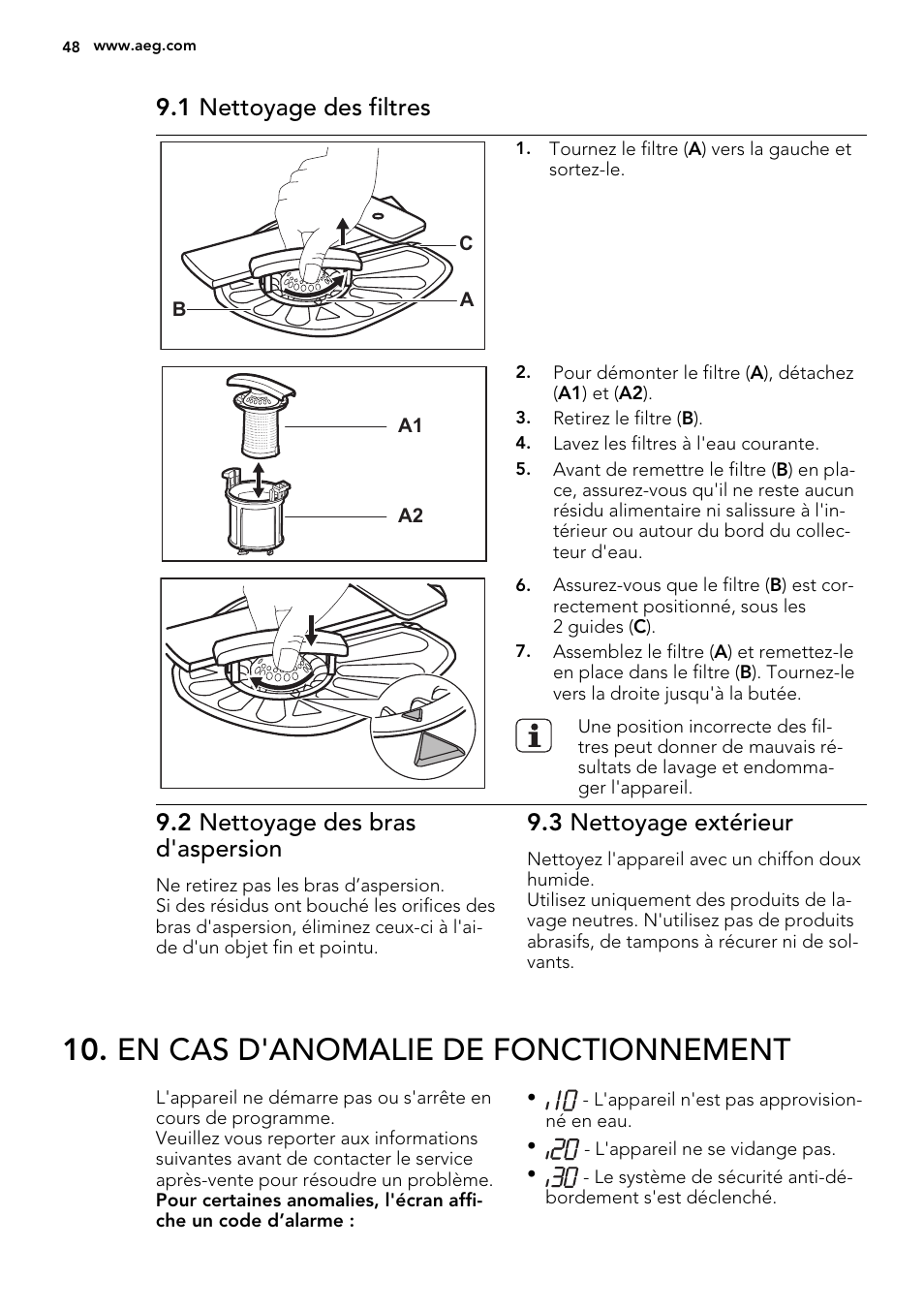 En cas d'anomalie de fonctionnement, 1 nettoyage des filtres, 2 nettoyage des bras d'aspersion | 3 nettoyage extérieur | AEG F78420IM0P User Manual | Page 48 / 72
